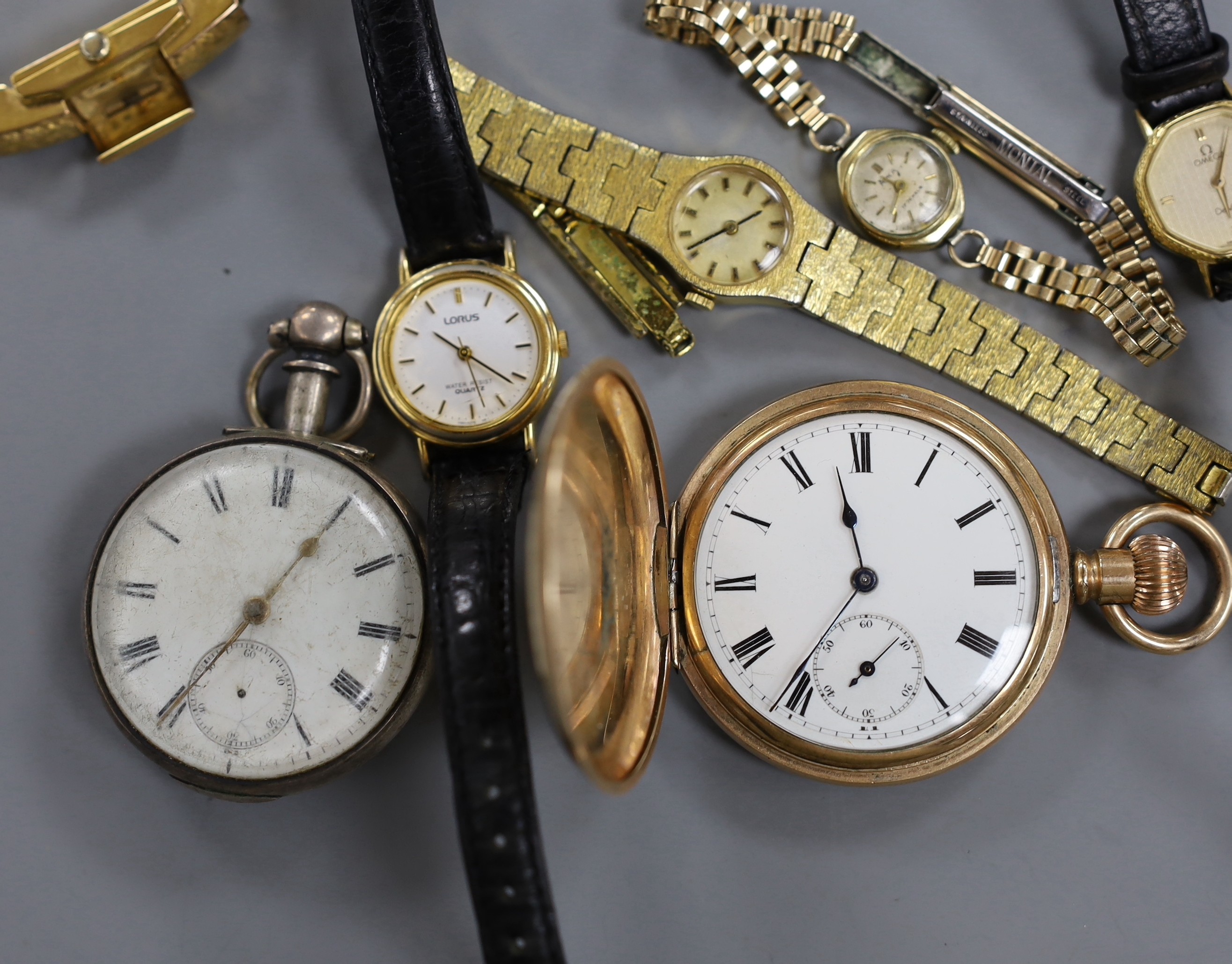 A silver verge pocket watch (lacking outer case) and various gold plated watches.